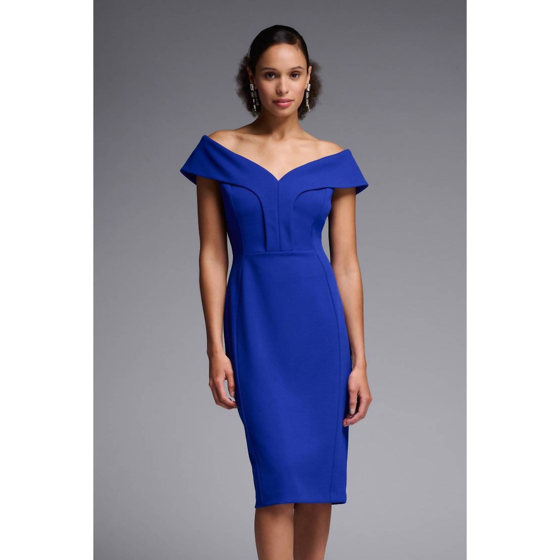 New Joseph Ribkoff Off-The-Shoulder Scuba Crepe Sheath Midi Dress In Royal Sapph